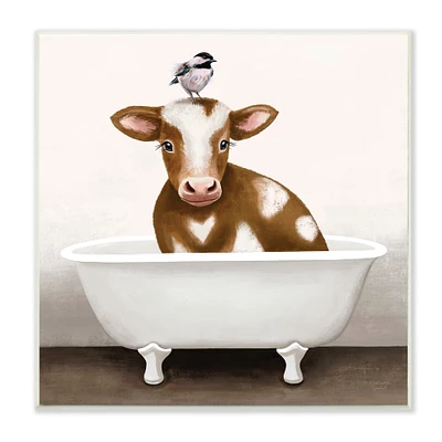 Stupell Industries Cow in Bathtub with Perched Bird Animals,12" x 12"