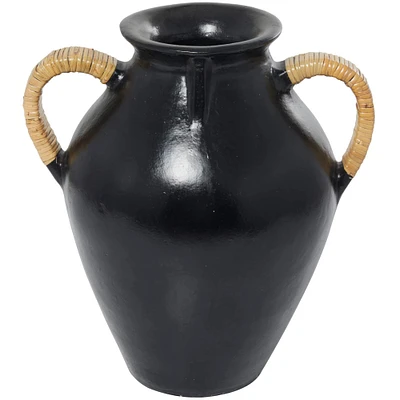 19" Black Ceramic Jug Vase with Rattan Wrapped Handles