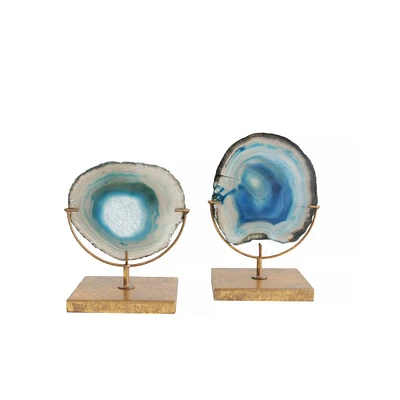 Blue Agate Stone Slice on Metal Stand