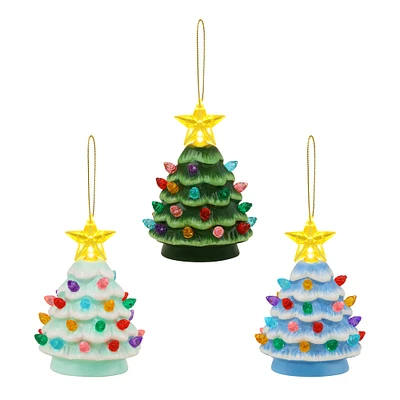3ct. Cool Tone Nostalgic Ceramic Lit Tree Ornaments