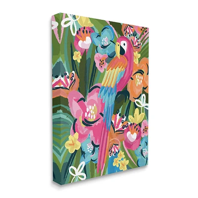 Stupell Industries Tropical Flowers and Parrot Whimsical Florals Canvas Wall Art