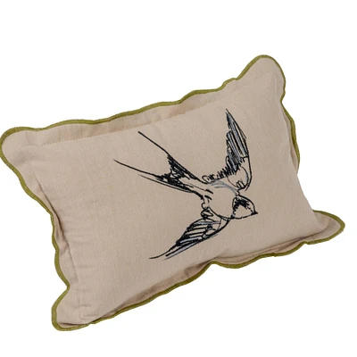 Embroidered Bird Cotton Chambray Printed Lumbar Pillow with Patterned Back & Scalloped Edge