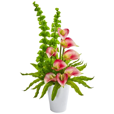 23" Calla Lily & Bells of Ireland Artificial Arrangement in White Container