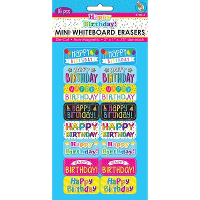 Ashley Productions Happy Birthday Non-Magnetic Mini Whiteboard Erasers, 16ct.