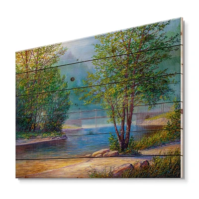 Designart - Green Trees By The Riverside - Traditional Print on Natural Pine Wood