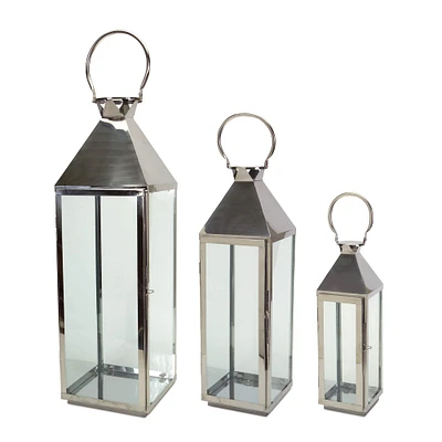 Silver Stainless Steel & Glass Lantern Set, 19.5'', 26'', & 34''