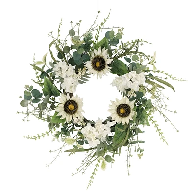 6 Pack: 24" White & Green Sunflower & Hydrangea Floral Spring Wreath