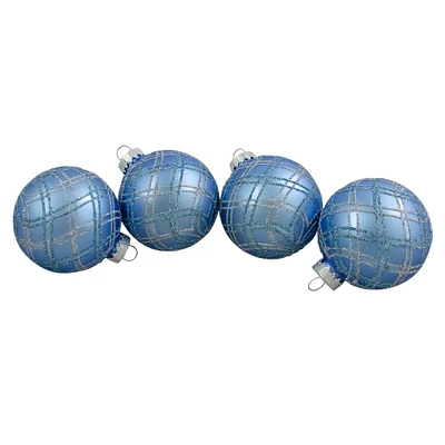 4ct. 2.75" Blue & Silver Plaid Glitter Glass Christmas Ornament Ball Set