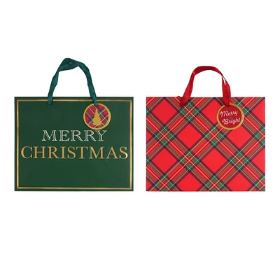 10" Green Merry Christmas & Red Plaid Gift Bag Set by Celebrate It®