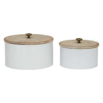 White Metal Decorative Cylinder Jar Set with Wood Lids