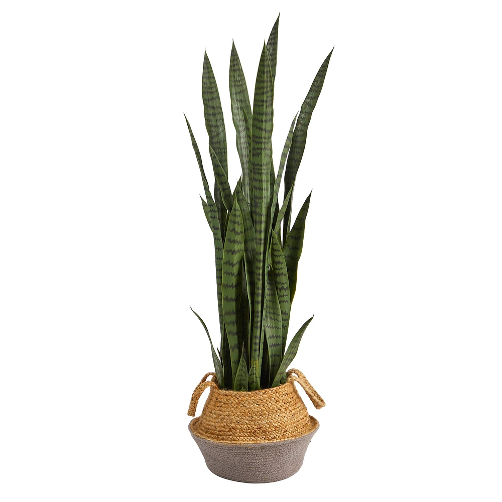 46" Sansevieria Artificial Plant in Boho Chic Handmade Cotton & Jute Gray Woven Planter