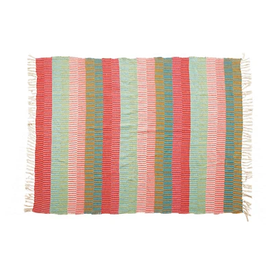 Multicolor Woven Recycled Cotton Blend Striped Throw with Tassels