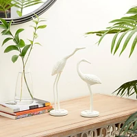 Set of 2 White Metal Coastal Bird Sculpture, 10", 12"