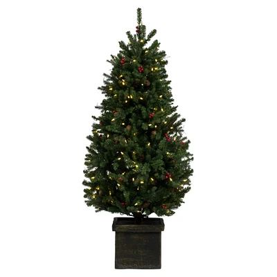 5ft. Pre-Lit Potted Mixed Berry Pine Artificial Christmas Tree, White LED Lights