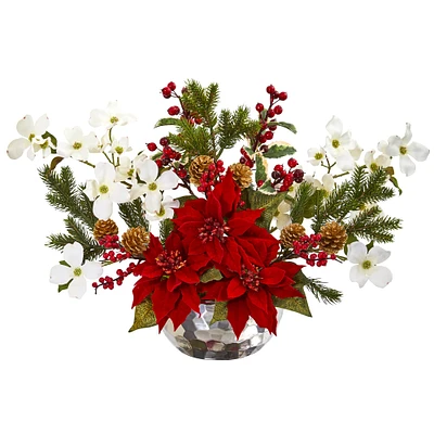 18" Red Poinsettia, Dogwood, Berry & Pine Artificial Arrangement in Silver Vase