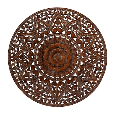 Brown Wood Handmade Intricately Carved Floral Wall Decor with Mandala Design 36" x 1" x 36"