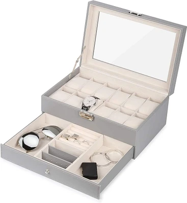 NEX™ Gray Double Layer Leather Watch Box with Glass Top