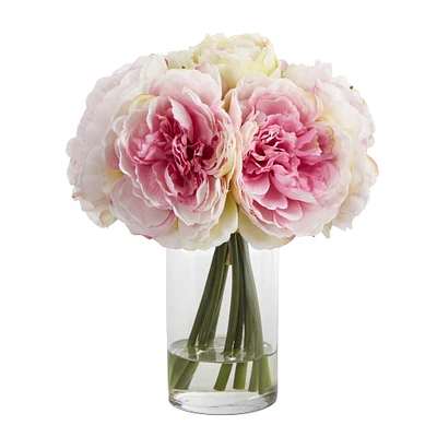 11" Peony Bouquet in Glass Vase