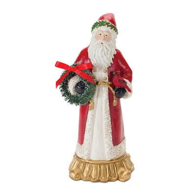 12" Santa Figurine with Cardinal and Wreath