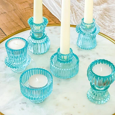 Kate Aspen® Assorted Vintage Ribbed Blue Glass Candlestick Candle Holder Set