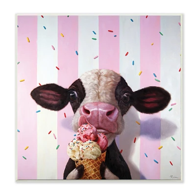 Stupell Industries Cute Baby Cow with Ice Cream Cone Pink Stripes, 12" x 12"