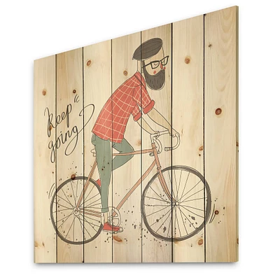 Designart - Hipster Man On A Bicycle - Children's Art Print on Natural Pine Wood