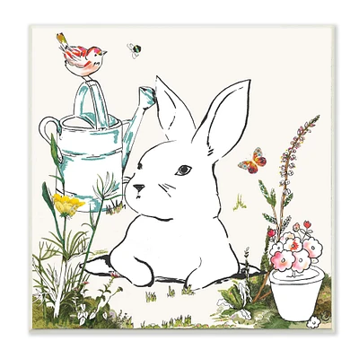 Stupell Industries Curious Bunny Rabbit in Garden Wooden Wall Plaque