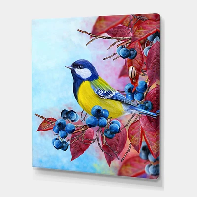 Designart - Bright Bird Bullfinch Sitting On A Branch II - Traditional Canvas Wall Art Print