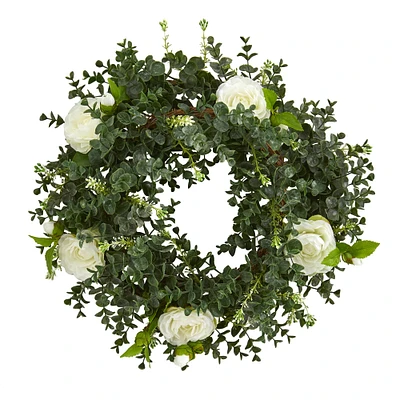 18'' Green & White Eucalyptus with Camellia Wreath