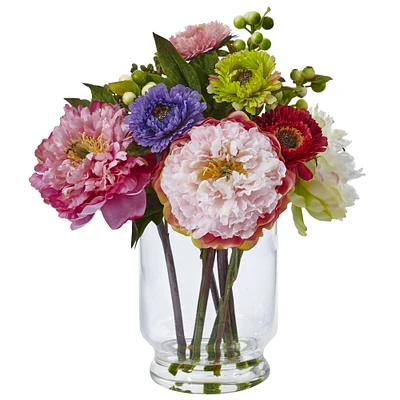 10.5" Peony & Mum Arrangement in Glass Vase