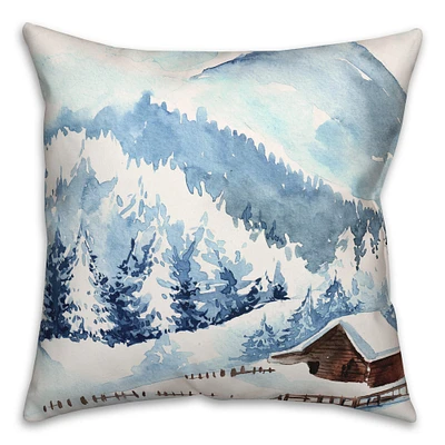Snowy Cabin Watercolor  18x18 Throw Pillow