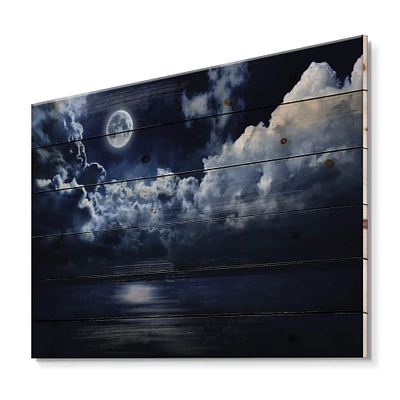 Designart - Full Moon in Cloudy Night Sky - Modern Print on Natural Pine Wood