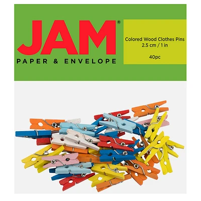 JAM Paper 7/8" Colorful Wood Clip Clothespins, 40ct.