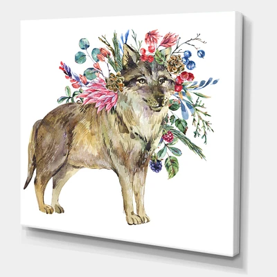 Designart - Wolf With Woodland Flowers - Farmhouse Canvas Wall Art Print