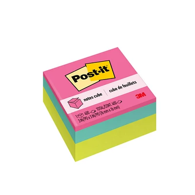 Post-it® Bright 3" x 3" Notes Cube, 400 Sheets