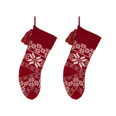 Glitzhome® 24" Red & White Knitted Snowflake Acrylic Christmas Stockings, 2ct.