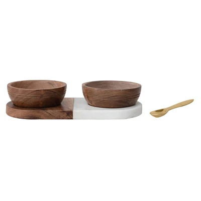 Hello Honey® Acacia Wood & Marble Tray with Acacia Wood Bowl Set