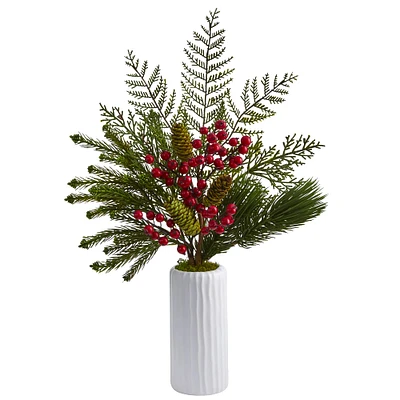 23" Mixed Pine, Pinecone & Berry Arrangement in White Vase