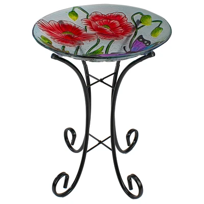 21'' Butterfly and Carnations Hand Painted Glass Birdbath