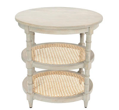 24" Round Solid Wood End Table with 2 Woven Cane Shelves