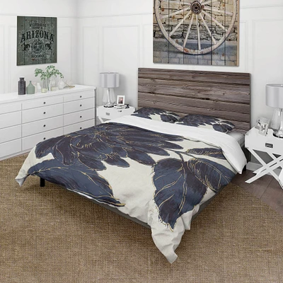 Designart 'Indigo Gold Metallic Flower' Farmhouse Bedding Set - Duvet Cover & Shams
