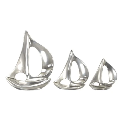 Set of 3 Silver Aluminum Coastal Sail Boat Sculpture, 12", 8", 7"