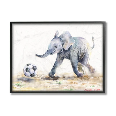 Stupell Industries Elephant Baby Playing Soccer Adorable Jungle Animal in Frame Wall Art