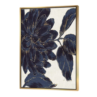 Designart - Indigo Gold Metallic Flower - Traditional Canvas in Gold Frame