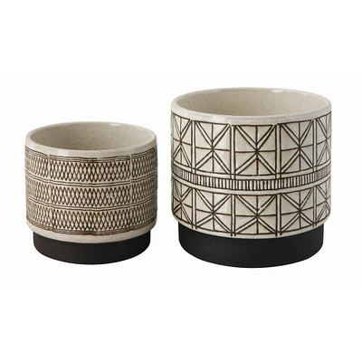 White Stoneware Planters with Black Designs Set