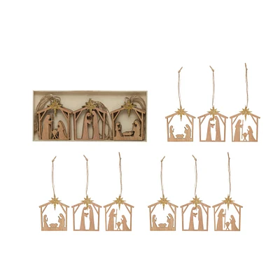 9ct. Wood Nativity Ornaments with Gold Glitter Star