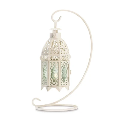 13" White Ornate Candle Lantern with Stand