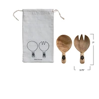 7" Mango Wood Salad Servers with Bamboo Wrapped Handles & Printed Drawstring Bag