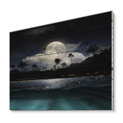 Designart - Fishing Boat Under Tropical Full Moon - Modern Print on Natural Pine Wood