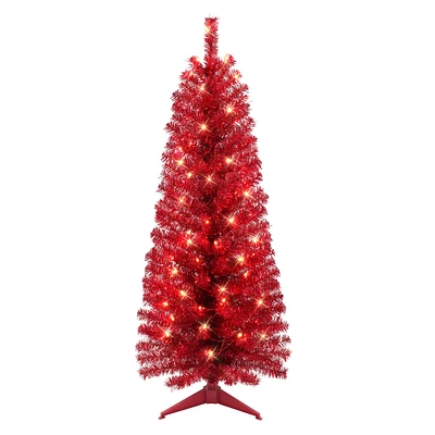 4.5ft. Pre-Lit Red Tinsel Artificial Christmas Tree, Clear Lights
